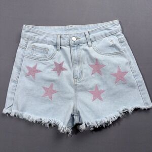 Denim Shorts Star Print Frayed Hem Light Wash High Waist Women's M 8-10